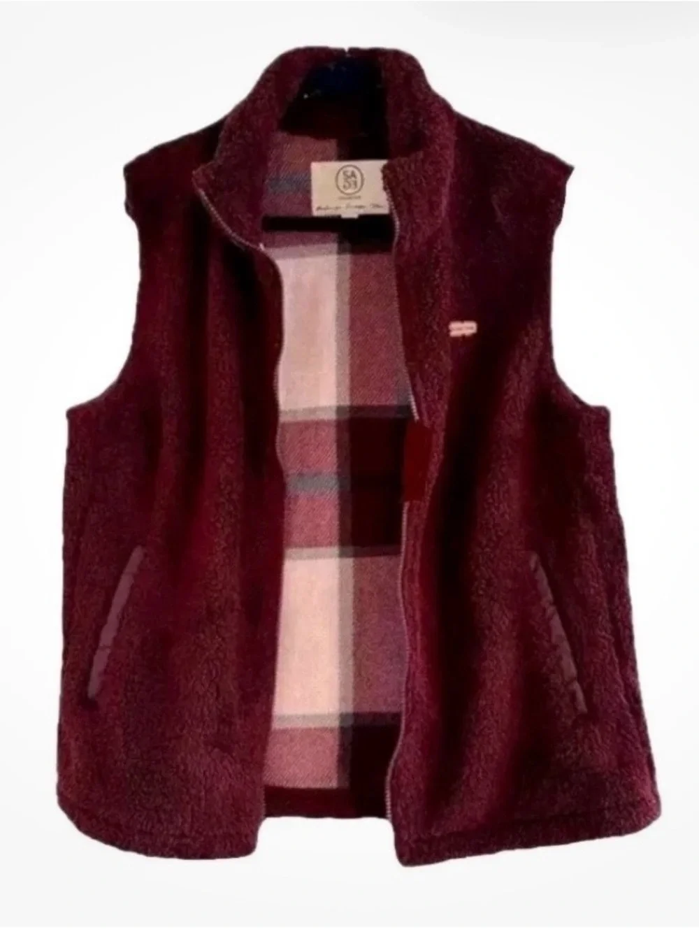 Woman’s Burgundy Plush Fleece Vest with Plaid Lining Small